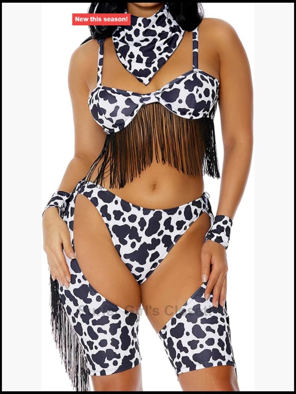 Sexy Cowgirl Costume Set Fringe Bra Chaps Wrist Cuffs